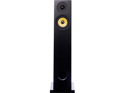 Davis Acoustics Courbet No.4 Floorstanding Speaker in Matte Black, Front View, Black Circular Tweeter, Yellow Woofer, Black Circular Port