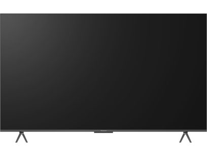 Telewizor Panasonic TV-85W95BEG w kolorze czarnym, z cienką ramą z matowego metalu i dwoma bocznymi nogami w kształcie litery V, widok z przodu
