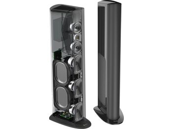 Altavoz de columna negro GoldenEar Triton One-R, tweeter de cinta, 2 altavoces de medios, 4 woofers, rejilla extraíble, base brillante