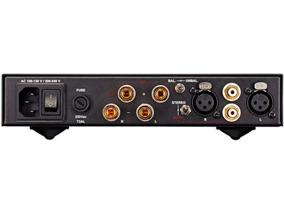 Amplificateur de puissance Nuprime STA-9 noir, face arrière, connecteurs audio RCA et XLR, prises haut-parleurs, interrupteur