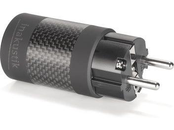 UHQ Power Adapter with Shuko Plug by DRUCK, angled view, textured black cylindrical body, two shiny metallic prongs