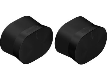 Deux enceintes Sonos Era 300 noir mat, vues de face et de dos, forme cylindrique arrondie, grille noire