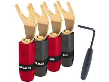 Quattro spinotti banana Audioquest SureGrip 300 in oro, connettori dorati, corpo rosso e nero, vista frontale, allineati