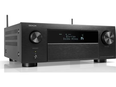 Ampli home-cinéma Denon AVC-X4800H noir, vue de face, affichage bleu "Blu-ray Dolby Atmos", boutons et prises en façade
