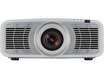 Vidéoprojecteur JVC DLA-NZ500W blanc, vue frontale, lentille centrale, grilles d'aération horizontales, pieds ajustables