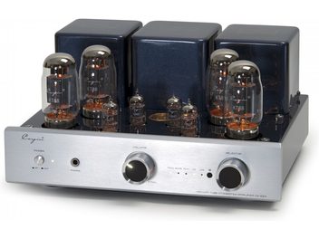 Cayin CS-55A KT88 silver stereo tube integrated amplifier, three-quarter front view from a slightly elevated angle, silver metal chassis with brushed aluminum front panel, midnight blue lacquered top plate featuring four large KT88 tubes and several small glass tubes, three matching rectangular covers at the rear, two large black control knobs with aluminum rings, and a headphone jack on the front panel
