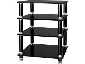 Έπιπλο Hi-Fi Norstone Design Stäbbl HIFI μαύρο, με 4 μαύρα γυάλινα ράφια, μεταλλική χρωμιωμένη κατασκευή και 12 κυλινδρικά πόδια