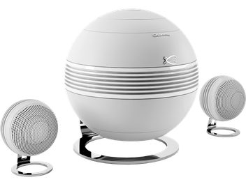 Cabasse The Pearl Keshi valge 2.1 kõlarikomplekt, üks põhisfäär, kaks ümmargust satelliiti, minimalistlik disain