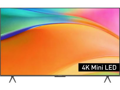 Telewizor wysokiej rozdzielczości Panasonic TV-85W95BEG w kolorze czarnym z cienką metalową ramą widok z przodu, szklany ekran wyświetlający wielokolorowy gradient z etykietą 4K Mini LED w prawym dolnym rogu, stojący na dwóch bocznych, pochylonych nogach
