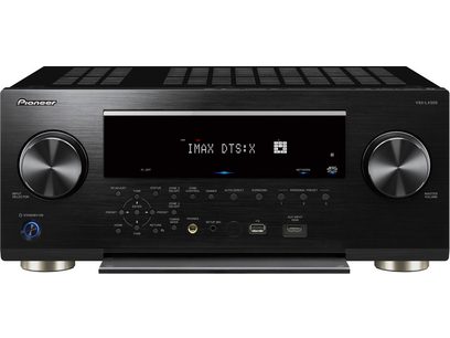 Ampli home-cinéma Pioneer VSX-LX505 noir, vue de face, affichage bleu "IMAX DTS:X", boutons et prises en façade