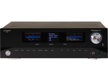 Amplificator hi-fi stereo Advance Paris PlayStream A7 negru, față cu afișaj digital, intrări analogice și USB, buton de volum