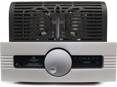 Tube hi-fi amplifier Synthesis Art In Music Roma 96DC+ aluminum silver, front panel, black grille, 2 large tubes