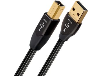 Two gold-plated USB connectors, one Type A and one Type B, at the ends of black cables with "Pearl" markings and logos
