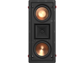 Diffusore da incasso Klipsch PRO-25-RW LCR, vista frontale, due altoparlanti circolari dorati in una cassa rettangolare nera