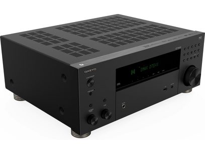 Onkyo TX-RZ30 Black Home Theater Amplifier, three-quarter view, front with buttons, digital display, metal feet