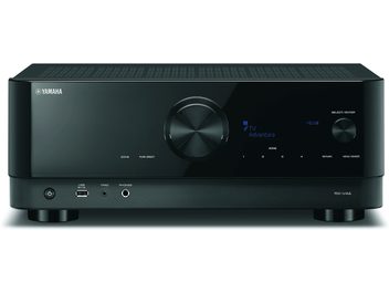 Yamaha RX-V4A sort home cinema-forstærker set forfra, blåt display, knapper og tilslutninger