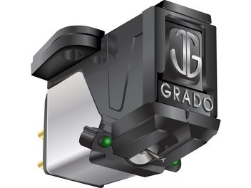 Sort pickup til hi-fi pladespiller Grado Green3 i sort med sølvlogo, perspektivvisning der viser kabinettets detaljer