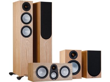 Pack d'enceintes colonnes Monitor Audio Silver 200 7G Ash en chêne clair, vue de face, 2 grandes et 3 petites enceintes