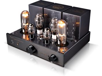 Cayin CS-845A Reference black stereo tube integrated amplifier, brushed black metal chassis, three-quarter front view, front panel with two large circular knobs and two jack sockets, top featuring several glowing glass tubes and three cubic transformer covers