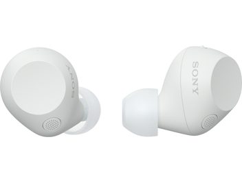Hvide Sony WF-C710N trådløse in-ear-hovedtelefoner i mat plast, med gennemsigtige silikonepropper, synligt Sony-logo og cirkulært mikrofonnet, vist fra for- og sideperspektiv