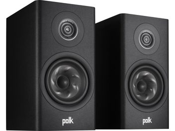 Deux enceintes bibliothèques Polk R100 noires, vues de face, côte à côte, haut-parleurs apparents