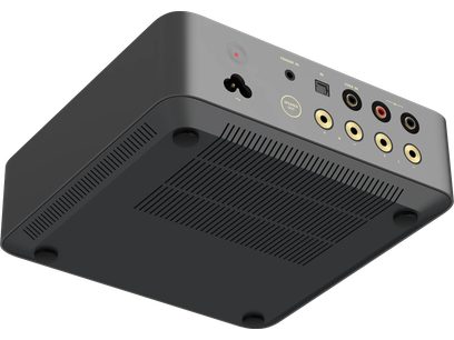 Stereo hi-fi-förstärkare WiiM Vibelink Space grey sedd underifrån med synliga ventilationsgaller och bakre anslutningar