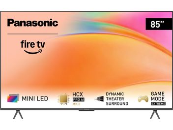 Panasonicov televizor z visokim ločljivostjo TV-85W95BEG, 85 palcev, ravni zaslon z mat črno okvirjem in dvema kovinskima nogama, pogled spredaj