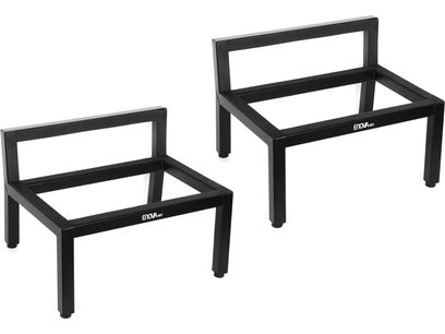 Două suporturi pentru difuzoare Enova HIFI Vintage Metal Stand 20 din metal negru, cadru tubular dreptunghiular cu patru picioare și bară spate ridicată, vedere în perspectivă frontală