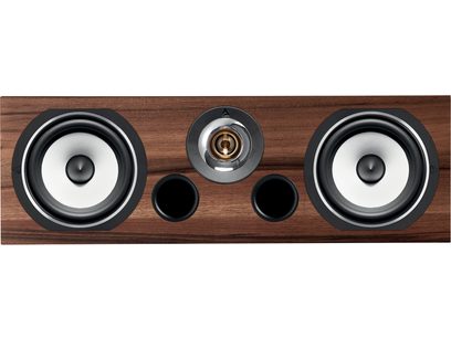 Triangle Voce EZ series center speaker, chestnut wood, 2 circular woofers and 1 tweeter, front view, dark wood finish