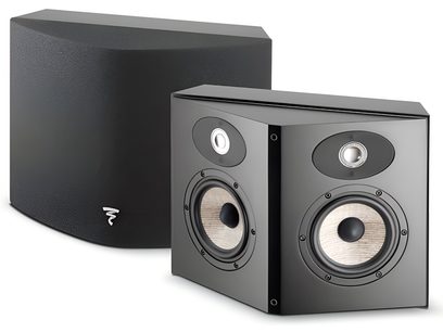 Enceinte Focal Aria SR 900 noir satin, vue de face et de côté, forme rectangulaire, 2 haut-parleurs ronds sur la face avant