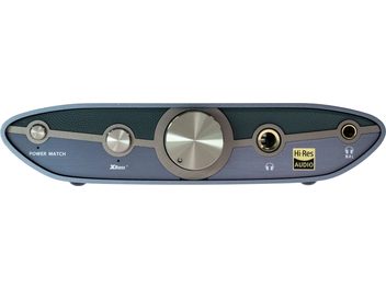 iFi Audio Zen DAC 3 audio converter in dark blue and gray, front view, rotary knobs, jack connectors