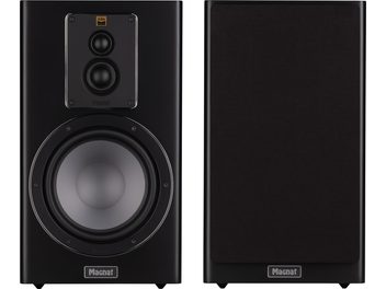 Enceinte bibliothèque Signature 603, vue frontale, une unité avec grille noire, une sans grille montrant tweeters et woofer circulaire