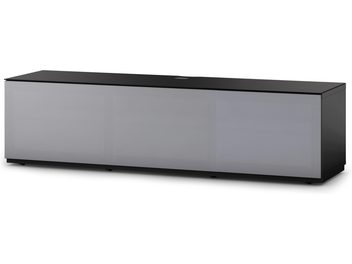 Meuble TV bas rectangulaire noir mat, façade gris foncé brillant, sans poignées apparentes, socle noir