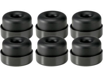 6 identical black cylindrical vibration dampers, stacked in 2 columns of 3, shown in a close-up frontal view
