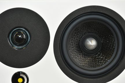 Nærbillede af en højttaler med sort diskant, woofer med tekstureret membran og sort cirkulært element med gul prik