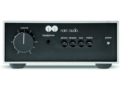 Ενισχυτής hi-fi στέρεο Naim NAIT 50, μπροστινή όψη από μαύρο αλουμίνιο, λευκά χειριστήρια, κουμπιά, υποδοχές, μινιμαλιστικός σχεδιασμός