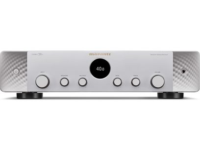 Amplificator hi-fi stereo Marantz Stereo 70 argintiu, panou frontal, butoane rotative simetrice, logo gri, bază neagră