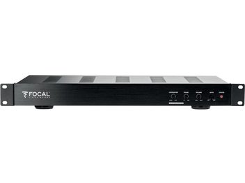 Focal 100 IWSUB8 black power amplifier, front panel with knobs, connectors and indicator lights, front view on white background