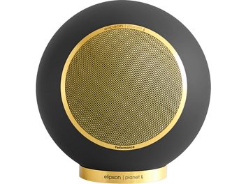 Enceinte bibliothèque Elipson Planet L Performance noir mat doré avec grille circulaire dorée et base cylindrique dorée