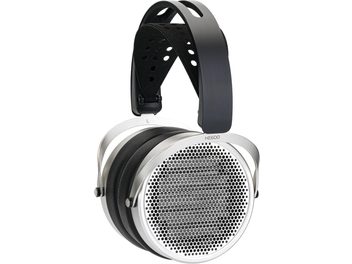 Atvērts Hifiman HE600 metāla sudraba un melns audiokas, šūnu tipa režģis, biezas pakausēju spilvenas, dubultais galvas josta, sānu skats