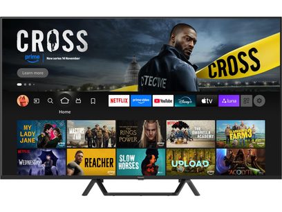 Τηλεόραση υψηλής ευκρίνειας Panasonic TV-55W95BEG μαύρη με λεπτό πλαστικό πλαίσιο και δύο μαύρα πόδια σε σχήμα V με ματ φινίρισμα, μεγάλη επίπεδη οθόνη από μπροστά που εμφανίζει την αρχική οθόνη ροής