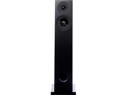 Davis Acoustics Courbet No.4 Floorstanding Speaker in Matte Black, Front View, Circular Tweeter, Mid-Bass Driver, Bass-Reflex Port