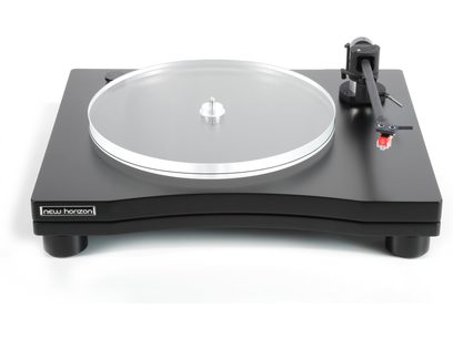 New Horizon 202 black turntable top view, silver platter, tonearm with AT-VM520EB cartridge