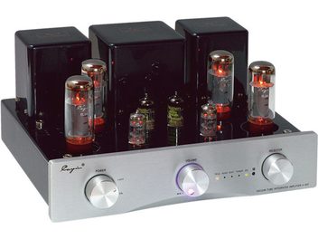 Cayin A-50T stereo tube integrated amplifier, glossy black metal casing with a brushed silver aluminum front panel, three black cubic transformers at the rear, multiple glowing cylindrical tubes on top, and two large circular knobs on the front, three-quarter front view