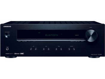Ενισχυτής hi-fi ενσωματωμένος στερεοφωνικός Onkyo TX-8220, όψη από μπροστά, μαύρο ορθογώνιο περίβλημα, μεγάλο κουμπί στα δεξιά, κεντρική οθόνη