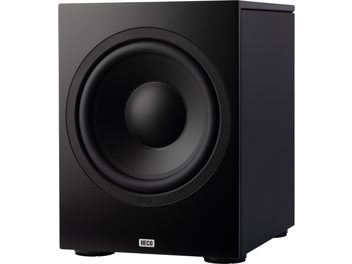 Heco AURORA XT Sub 30A en noir, caisson cubique avec face avant visible, haut-parleur circulaire central, logo en bas, pieds discrets