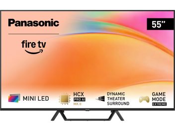 Televizor Panasonic TV-55W95BEG cu rezoluție înaltă de 55 de inci, cadru subțire din plastic negru, ecran afișând un degradé portocaliu și montat pe un suport central dublu în formă de V inversat, vedere din față