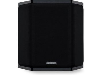 Diffusore rettangolare nero Monitor Audio Bronze 6G FX, vista frontale, griglia nera che copre la parte anteriore, logo argentato in basso al centro