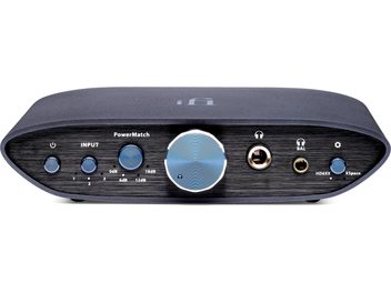 Preamplificatore per cuffie iFi Audio Zen Can Signature 6XX, vista frontale, case nero opaco, pulsanti e prese argentate, rotella blu