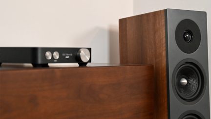 Amplificateur noir avec boutons circulaires argentés et enceinte en bois avec façade noire et deux haut-parleurs visibles